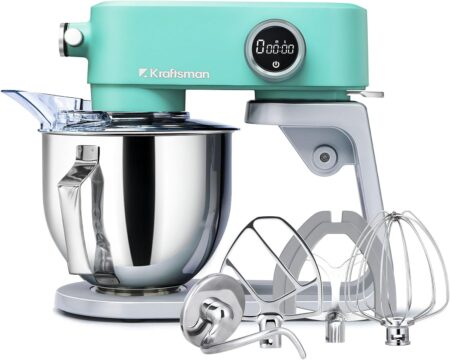 Kraftsman Robot Pâtissier 5L – 800W – 8 Vitesses – Batteur, Crochet, Fouet – Affichage Digital – Métal Bleu