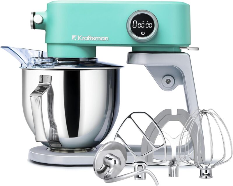 Kraftsman Robot Pâtissier 5L – 800W – 8 Vitesses – Batteur, Crochet, Fouet – Affichage Digital – Métal Bleu