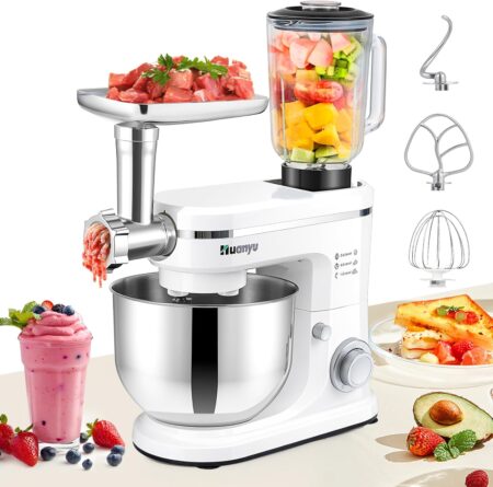 Huanyu 3-en-1 Robot Pâtissier – Bol 6L, Blender 1.5L, Hachoir à Viande – 1500W – Blanc – Robot de Cuisine Multifonctions