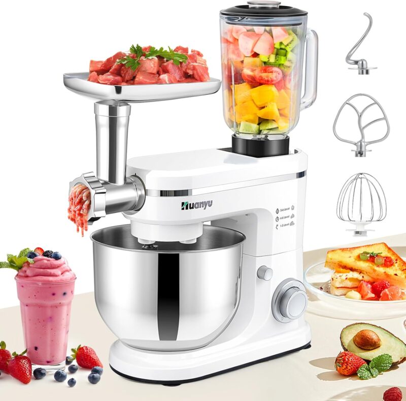 Huanyu 3-en-1 Robot Pâtissier – Bol 6L, Blender 1.5L, Hachoir à Viande – 1500W – Blanc – Robot de Cuisine Multifonctions