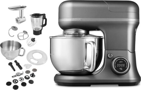 MEDION Robot de Cuisine 3-en-1 – Pétrin, Hachoir, Blender – 5L – 1200W – 8 Vitesses – Écran numérique – Modèle MD18430 – Titane